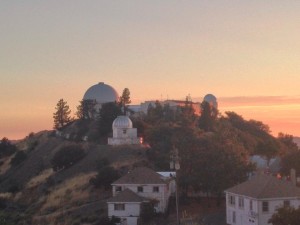 The dome of the Lick Observatory Great Refractor telescope at sunset.