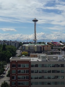 A view of the Seattle Space Needle from the top of the Amazon Headquarters building. 