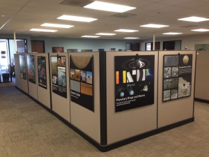 Some of the cubicles at SETI. Every wall and surface in the office has a poster about space on it. 