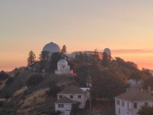 The dome of the Lick Observatory Great Refractor telescope at sunset. 