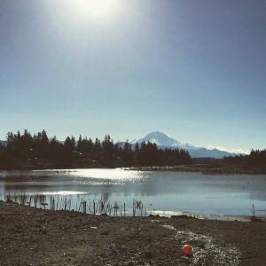The view of Mt. Rainier over (empty) Lake Tapps