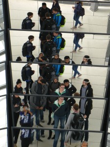 In total, we were twelve students: five girls, seven boys. Here, the whole group and Dr. Silverman are reflected in the panels of the central reflector in the Reichstag Dome. 