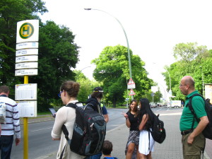 Waiting for a bus with my fellow travelers. The public transport in Berlin is efficient and convenient.