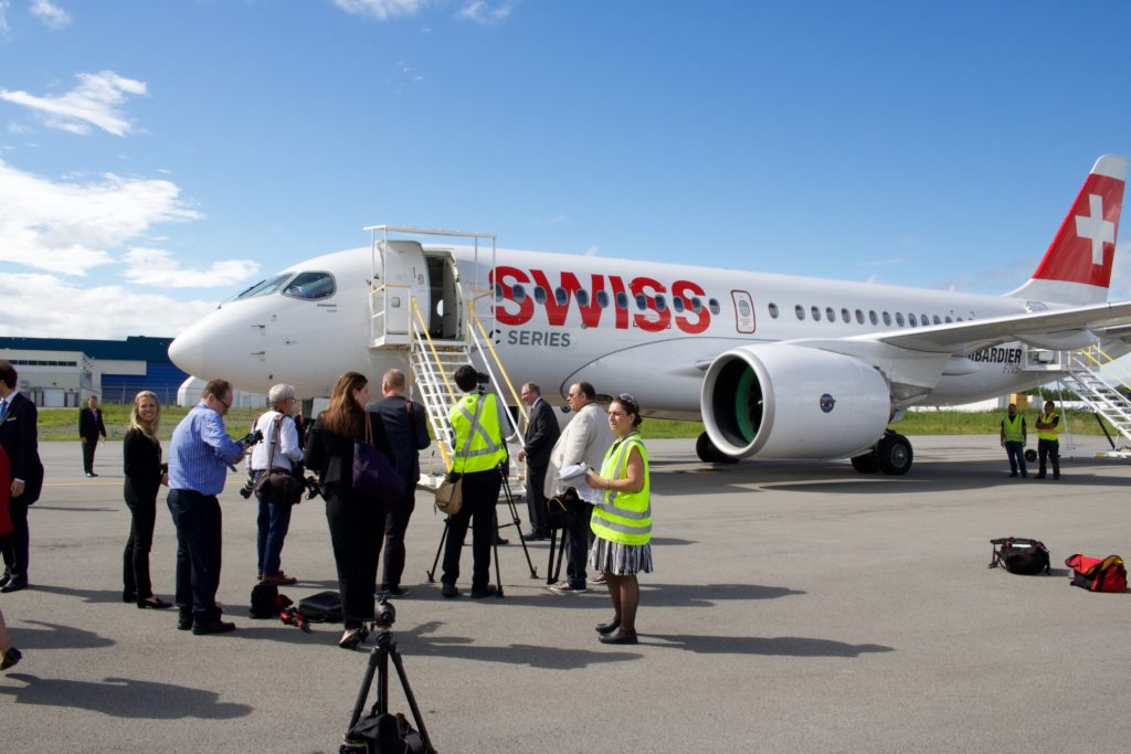 Bombardier CSeries FTV5 featuring the Swiss livery.