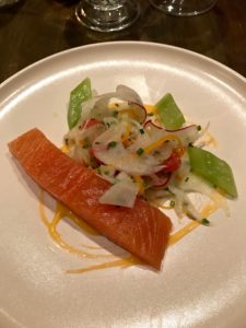 Poached Scottish salmon with fennel, grapefruit and dill pickled cucumber.